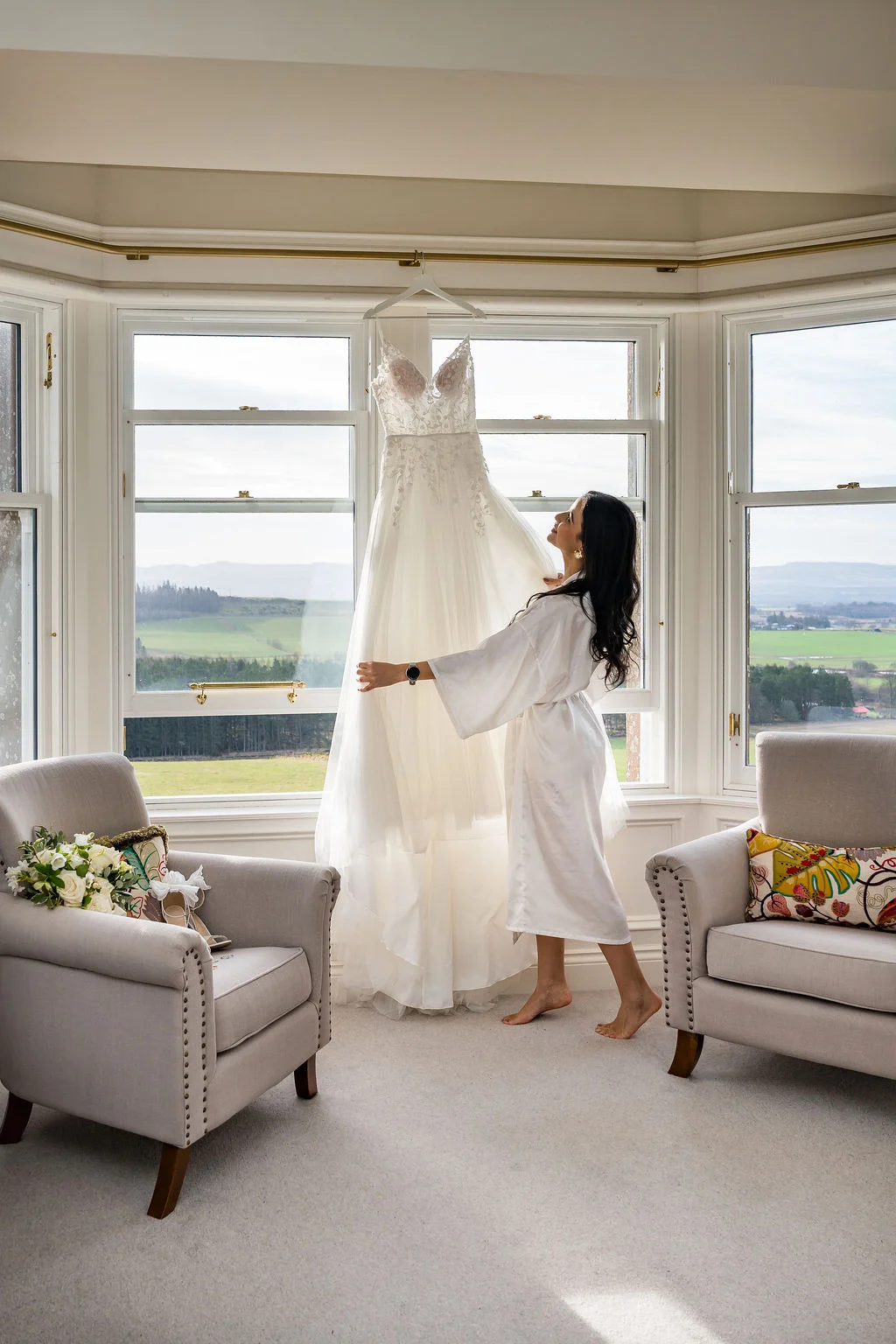 Starting your wedding day in the beautiful Kinclune House bridal suite. Dress by The Hitching Post Bridal. Photography by ZibiZPhoto.