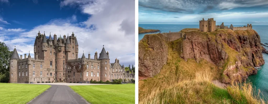 Glamis Castle near Kinclune Estate and Dunnottar Castle on the East Coast of Scotland