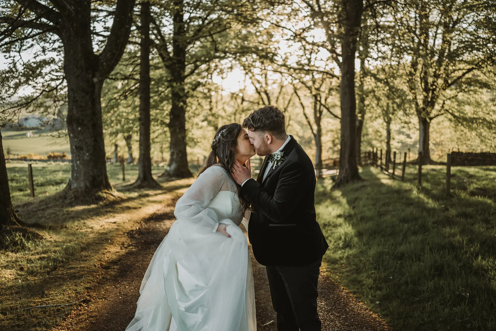 Holly and Dan at sunset on Kinclune Estate. Our first couple to marry at Kinclune Steading - Sam Pitt Photography