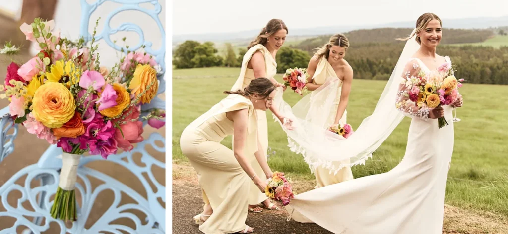 Seasonal, farm‑grown flowers for Claire & Jamie’s wedding at Kinclune. Gray & Wilde Photography.