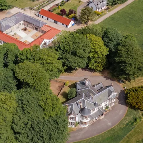 Kinclune House and newly restored Kinclune Steading event venue, along with Grieve's Farmhouse, on private 800-acre estate in Angus