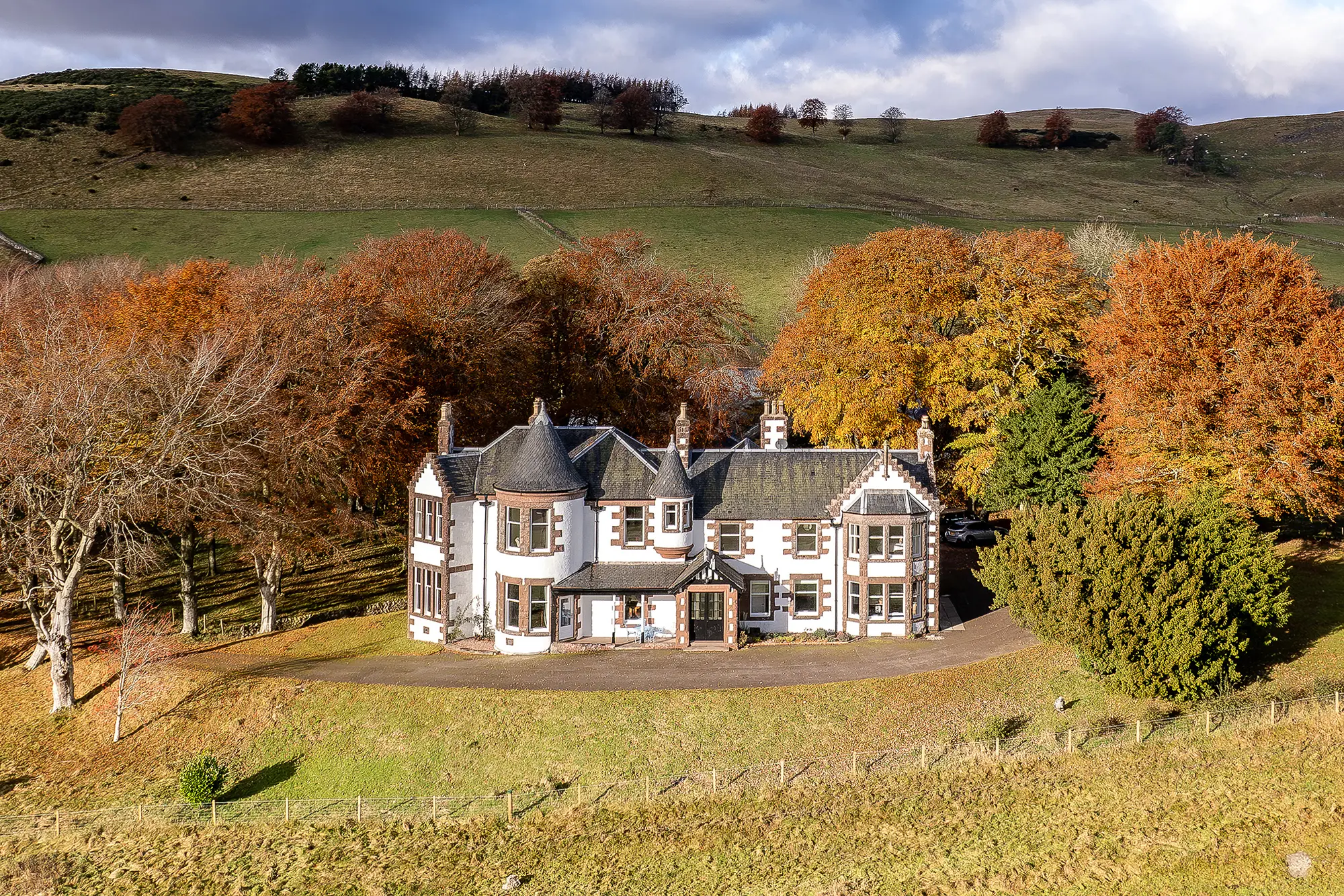 Kinclune House in autumn, on a private Scottish country estate in the foothills of the Angus Glens