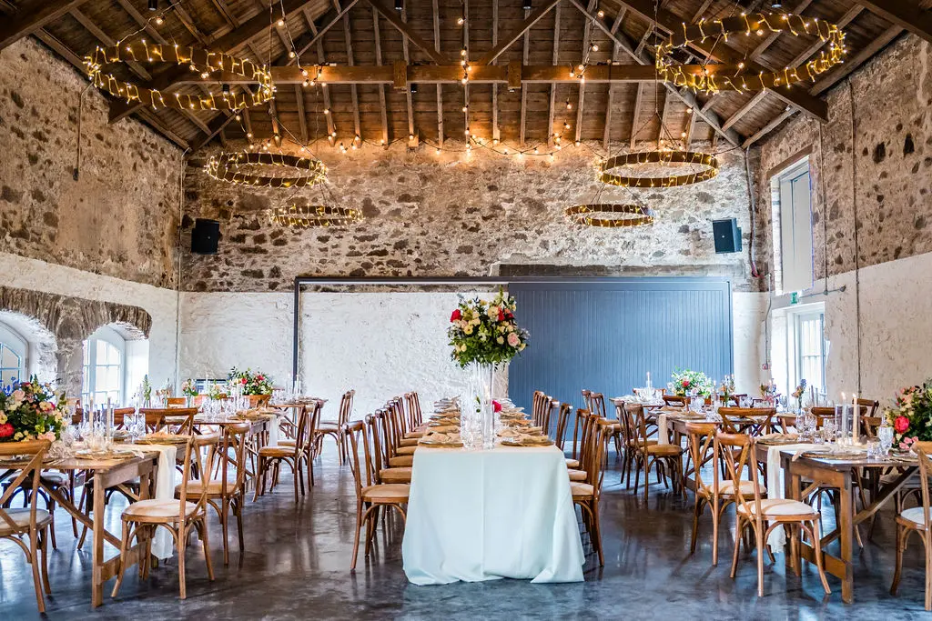 The grand party barn at Kinclune Steading with soaring vaulted ceilings and historic charm