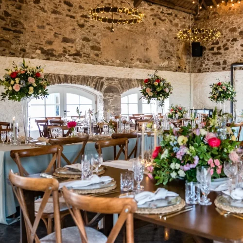 The magnificent party barn at Kinclune Steading with soaring vaulted ceiling and charming original features. The perfect backdrop to your wedding celebration.