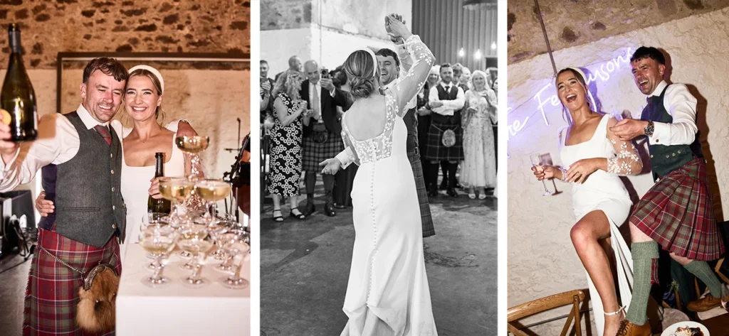 Evening celebrations in The Granary — champagne, dancing and pure joy. Gray & Wilde Photography.