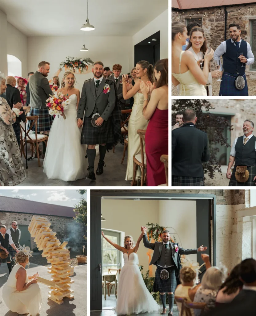 A collage of joyful wedding moments from Kayleigh and David’s celebration, including their ceremony, drinks and games in the courtyard, and their evening entrance.