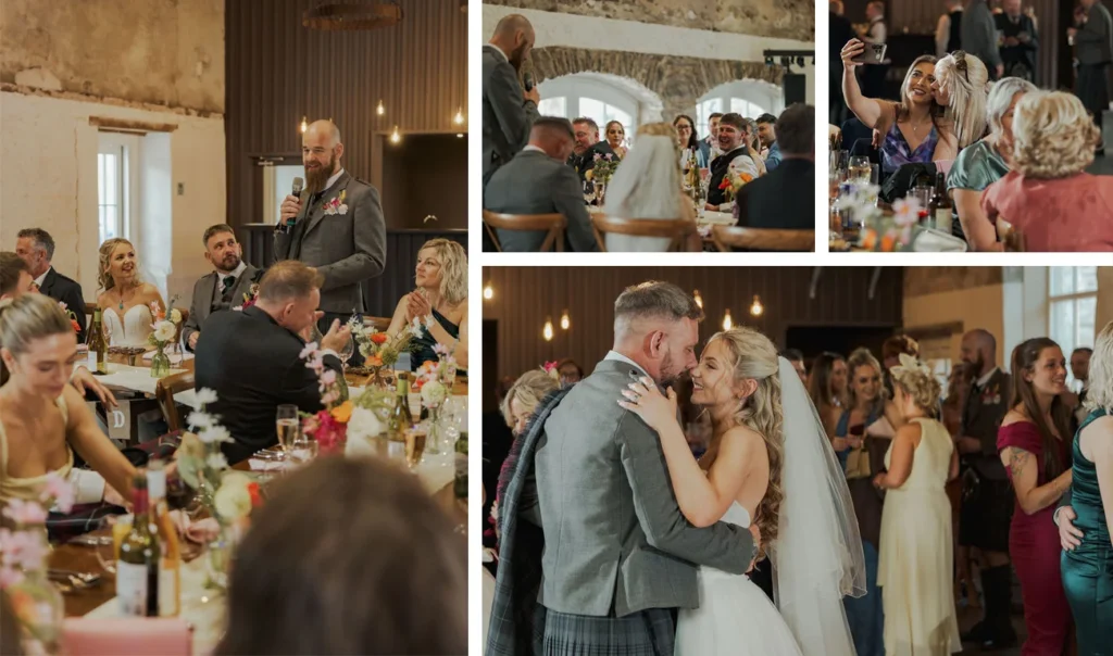 Scenes from Kayleigh and David’s wedding, including speeches at the dining table, guests laughing, a selfie, and the couple sharing a dance