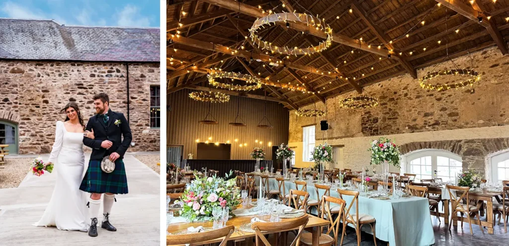 The Victorian courtyard and grand party barn at Kinclune Steading with soaring vaulted ceilings